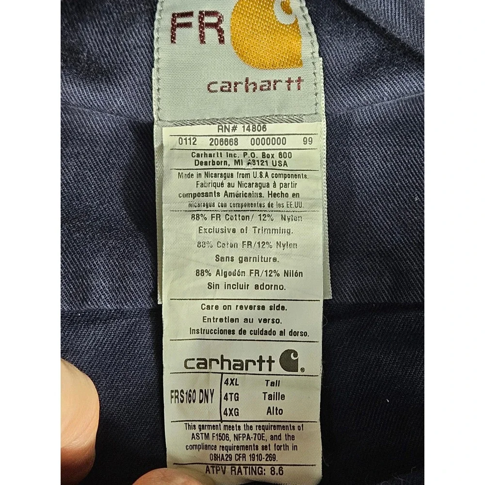 Carhartt FR Flame Resistant Work Shirt Men 4XLT Navy Blue Button Down FRS003 NVY
